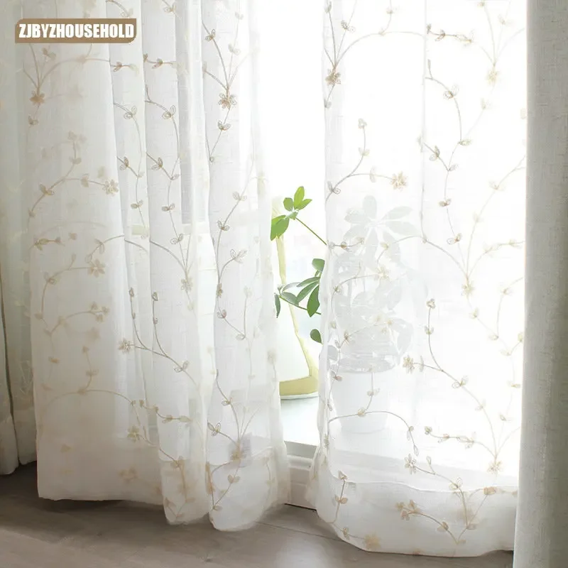 

Fresh and Beautiful Cotton and Hemp Embroidered Curtains New Style Curtain Flowers Full of Sky Star White Yarn Embroidered