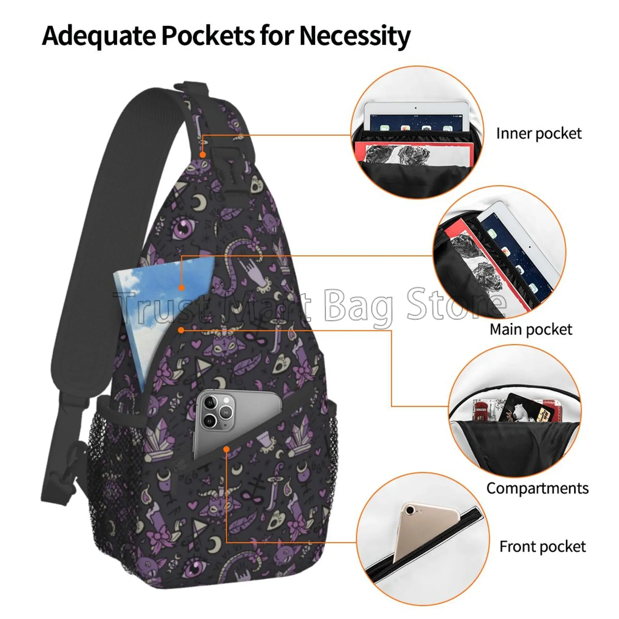 Gray Purple Black Goth Spooky Sling Bag Crossbody Shoulder Bag Casual Sling Backpack Chest Bag Travel Hiking Daypack for Outdoor