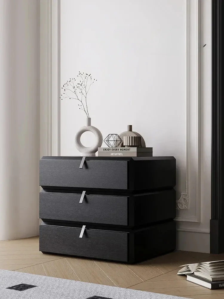 Italian Minimalist Rotating Bedside Table Advanced Bedroom Bedside Cabinet Minimalist Black Oak Wood Grain Three-Bucket Cabinet