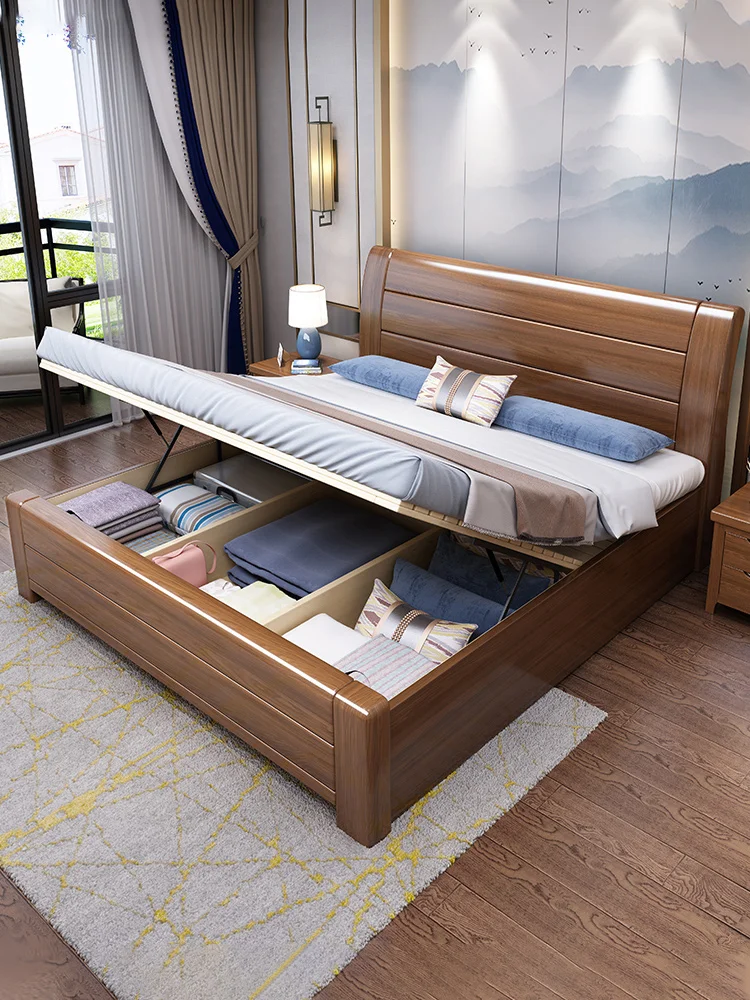 Modern and minimalist Chinese style full solid wood bed, golden walnut wood bed, 1.8m double bed, master bedroom, king bed,