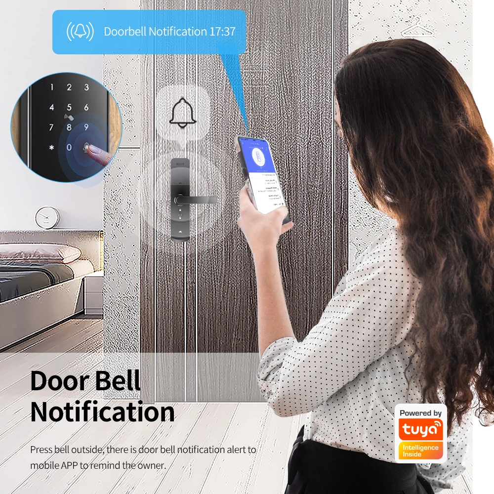 Electronic Tuya Wi-Fi BLE Integrated Lock Remote Control Password Fingerprint Card Keyless Digital Wood Metal  Door Bell 5G