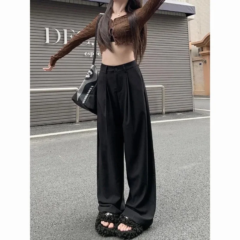 QWEEK Elegant Baggy Gray Suits Pants Woman Oversized Office Ladies Casual Korean Fashion Classical Trousers High Waist Summer