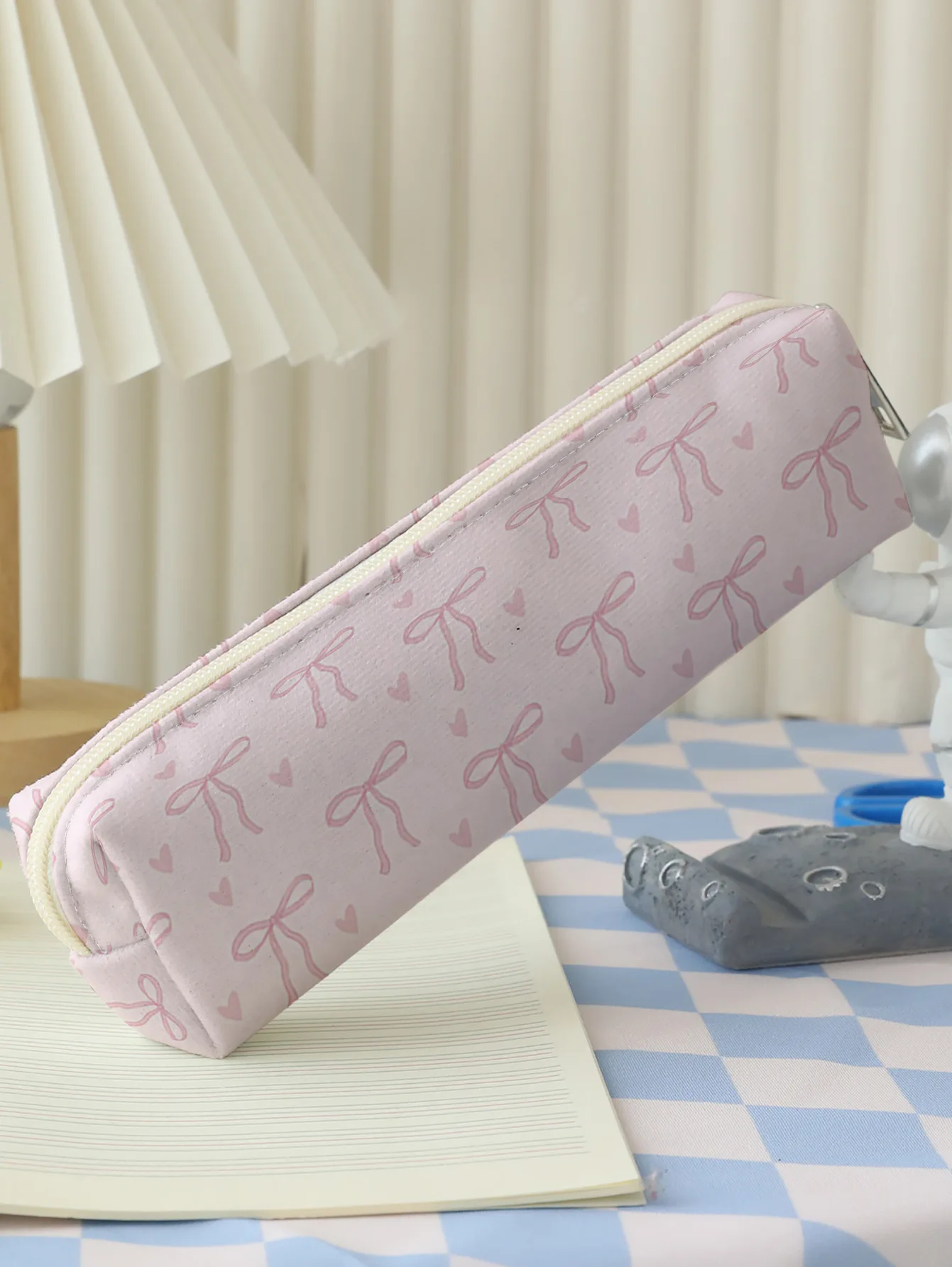 Pink Bow Heart Print Pencil Case For Students Stationery Storage