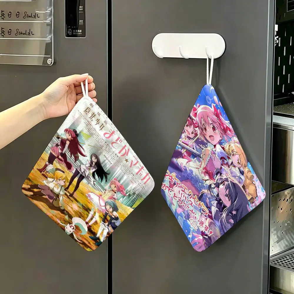 Puella Magi M-Madoka Magica Polyester Cotton Hanging Kitchen Towel, Absorbent Hand Wiping Cloth for Daily Cleaning Drying