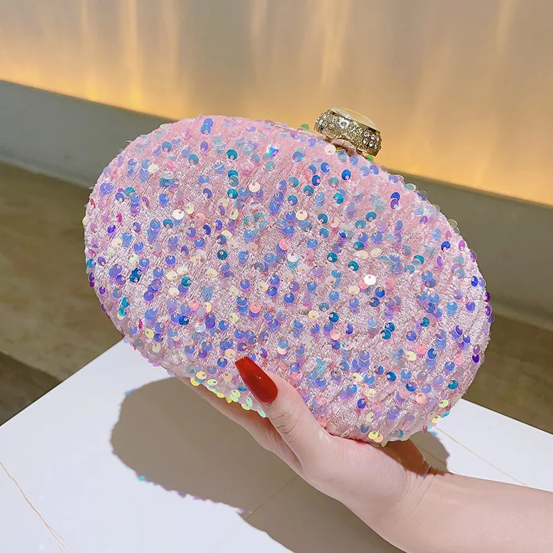 Pink Sequin Beaded Evening Clutch Bag for Women, Elegant Handheld Purse for Wedding Party Prom, Shiny Embroidered Formal Handbag