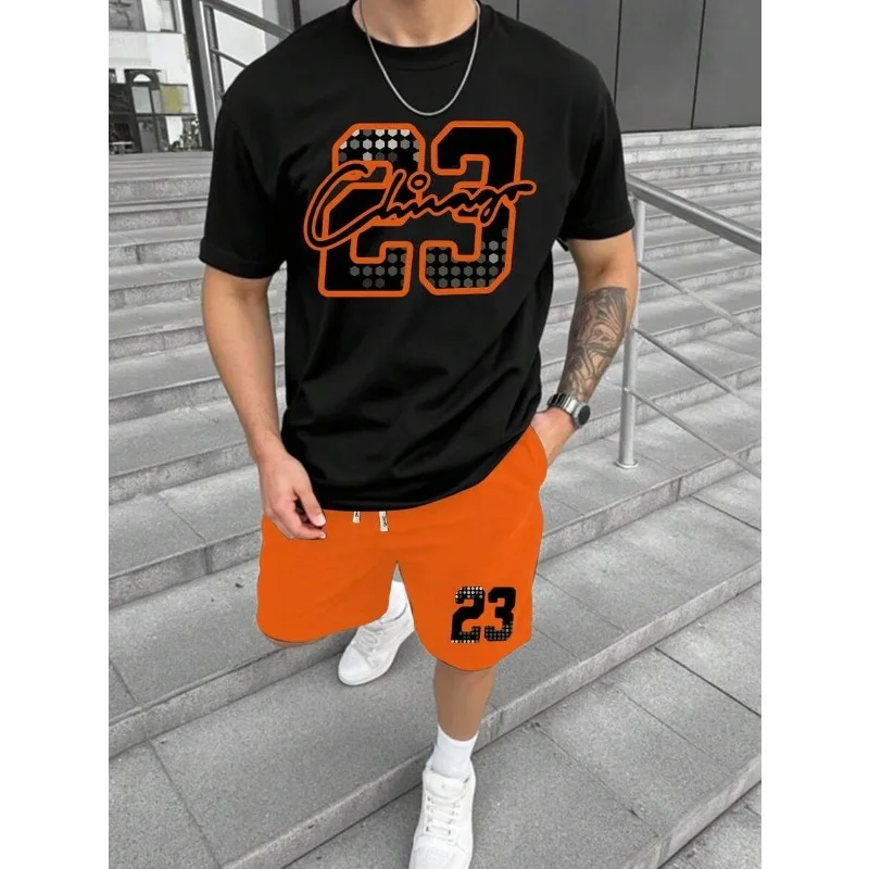 

Men's Sports Outfit Set Chicago 23 Print Black T Shirt and Shorts Stylish Casual Wear Comfortable Fit Trendy Athleisure Apparel