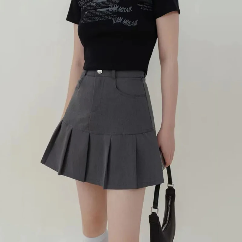 Korean Pleated A Line Skirt for Women Summer High Waist Slimming Mini Skirts Woman Preppy Style Pockets Short Skirts Ladies