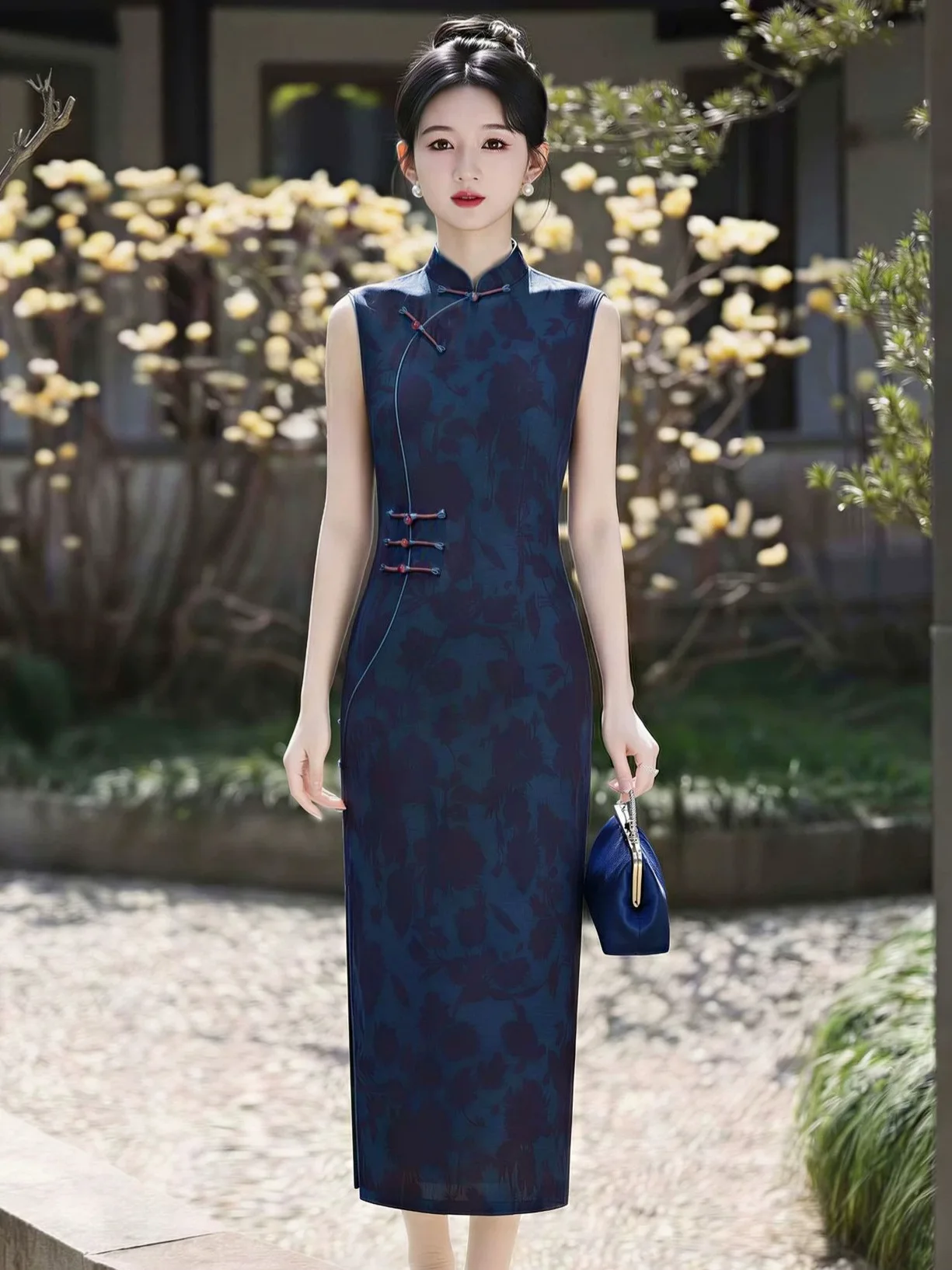 

Summer Navy Blue Jacquard Cheongsam Young Style Elegant Retro Sleeveless Qipao Girl Small Fresh Oriental Dress