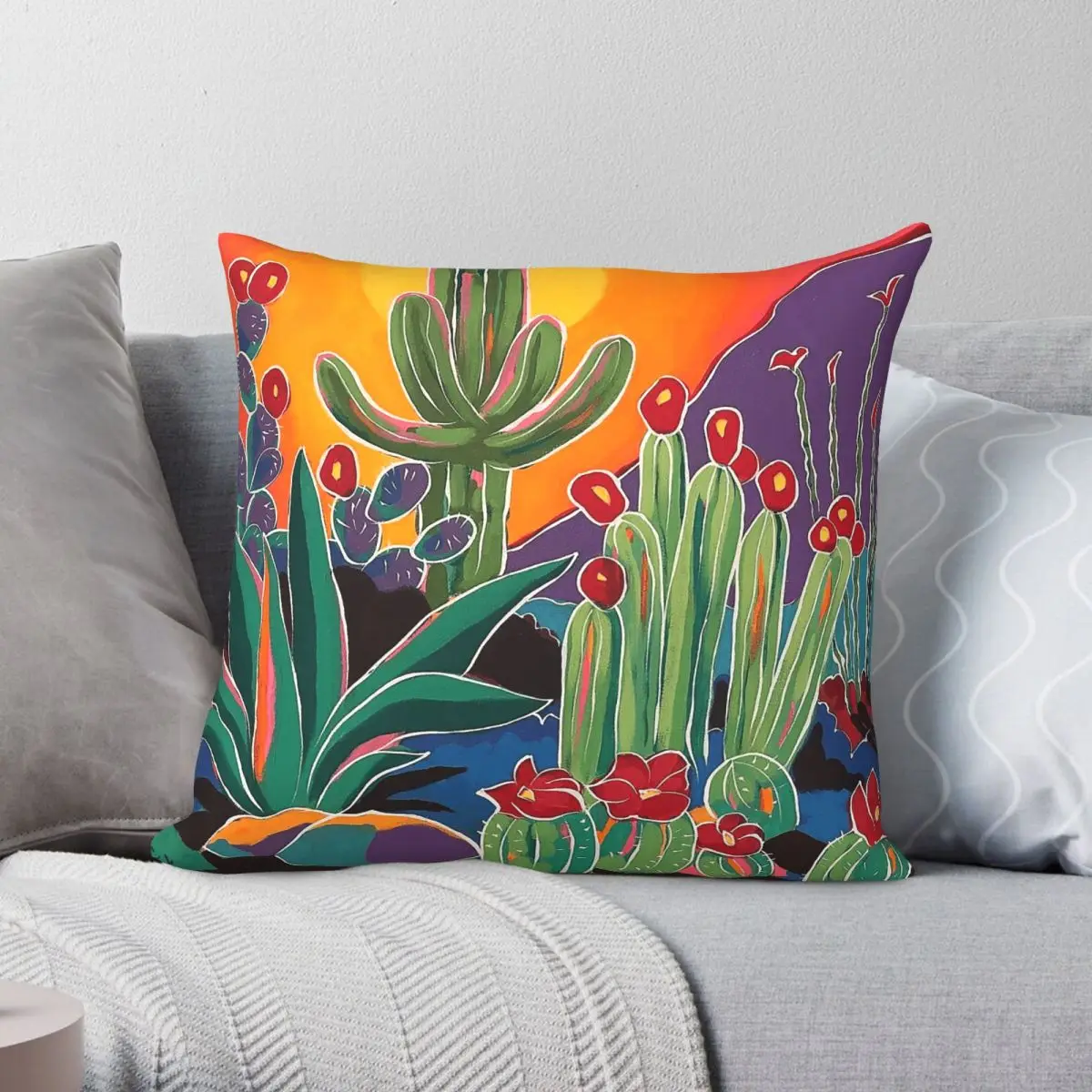 Housse de coussin carrée Desert Bliss Cactus en polyester, lin et velours imprimé avec fermeture éclair, pour canapé et siège, vente en gros