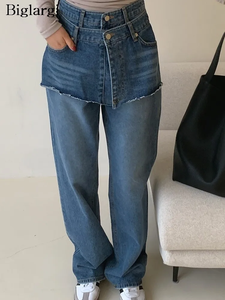 Jeans hohe Taille Patchwork Retro Herbst Hose Frauen koreanischen Stil lose plissierte Damen lange Hosen Mode Frau gerade Hosen