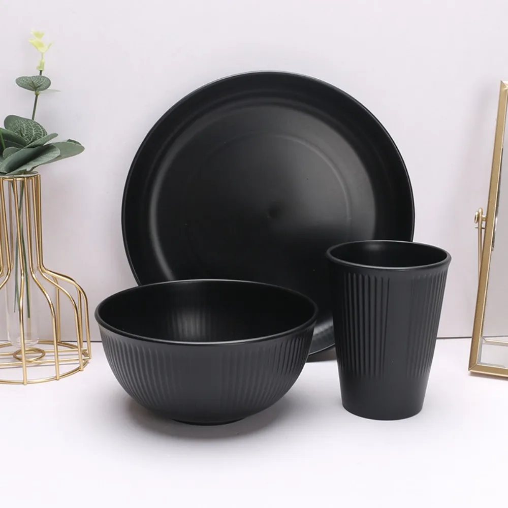 3pcs/set Household Plastic Black Tableware Set Vertical Stripes Anti-fall Cutlery Set Plate/Bowl/Cup Outdoor