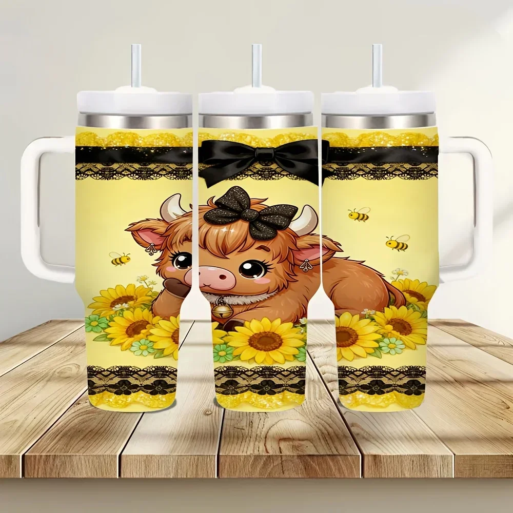 40oz Insulated Tumbler with Handle, Cute Highland Cow Sunflower Bee Print, Suitable for Women Daily Use, Keeps Drinks Hot Or Cold for Outdoor And Indoor Activities