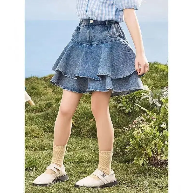 

Girls Denim Cake Skirt Summer New Versatile Children's Half length Skirt for Outer Wear Girls' Big Children's Mint Leaf Skirt