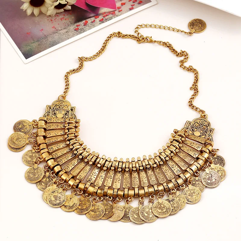 Women Indian Jewelry Retro Gold Color Gypsy Necklace Choker Coin Tassel Statement Necklace Afghan Turkish