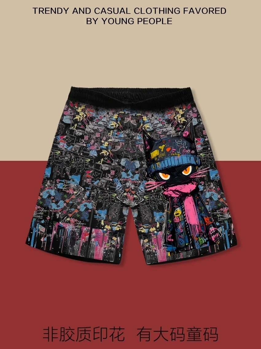 American Graffiti Cat Dopamine Shorts Men's And Women's Printed Cartoon Summer Loose Casual Beach Pants Large Size 5/4 Pants