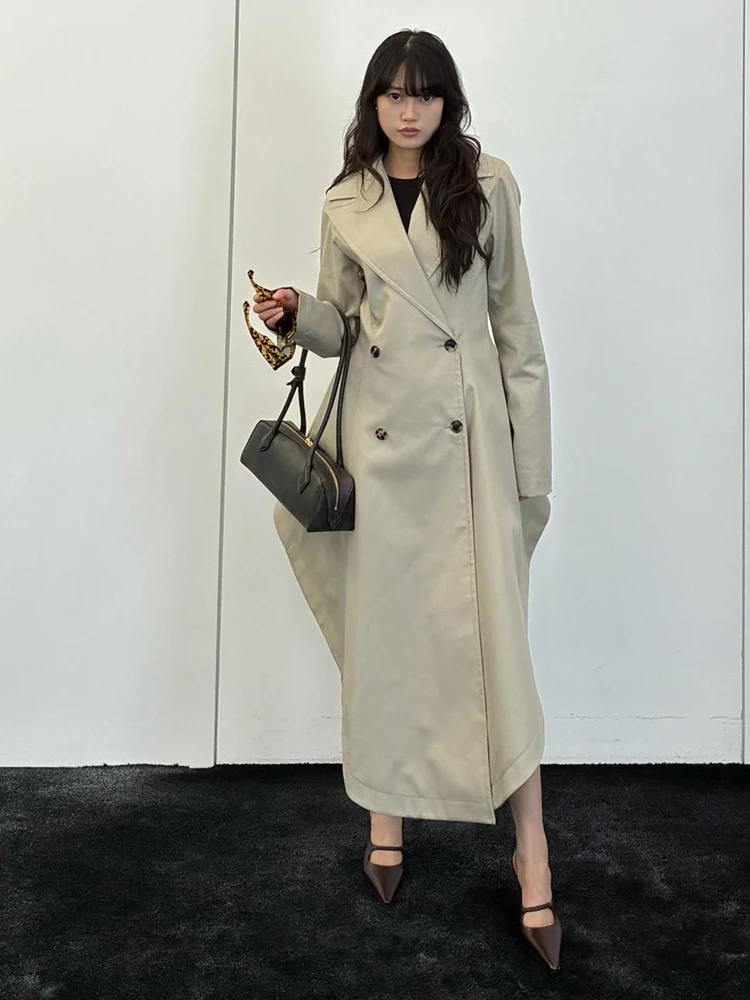 Women's irregular long coat with turned-up collar, double-breasted, waist-hugging, slimming and stylish outerwear