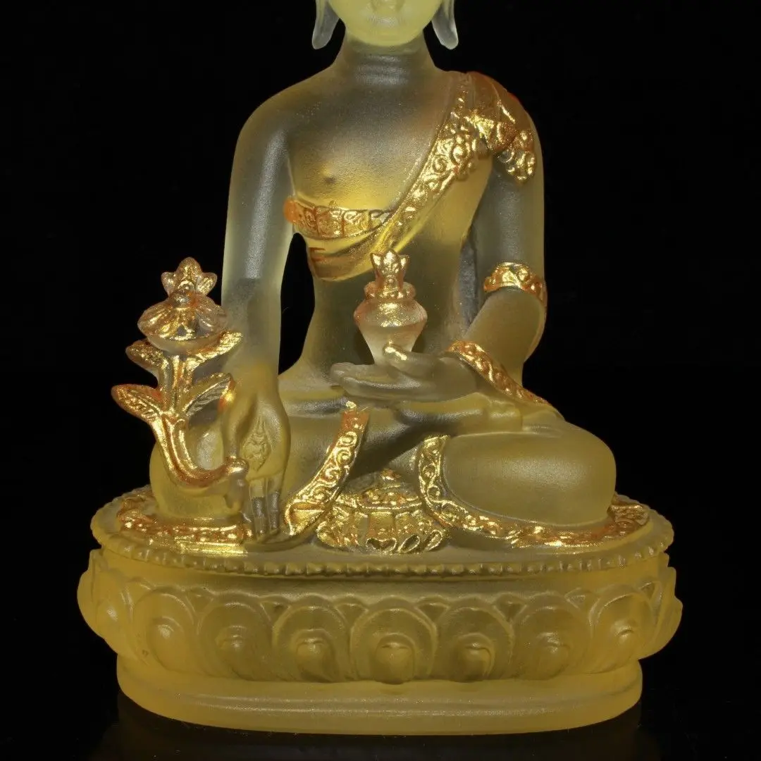 Vintage Early Collection CRYSTAL Gilt Colored Glaze Liuli Lotus Base Sakyamuni Buddha Sculpture Decorative Collectible Statue view 3
