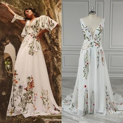 10735# Real Photos Boho V-neck Embroidered Flower Lace Wedding Dress Low Back Sweep Train Bride Gown For Women Vestido De Novia