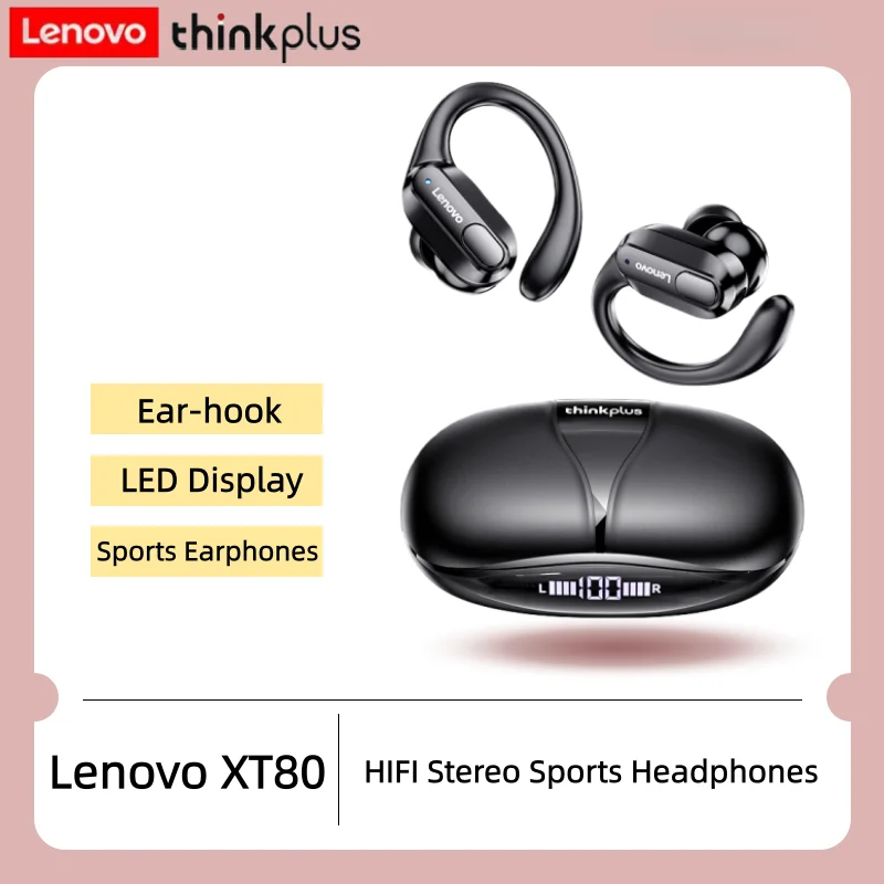 

Оригинальные беспроводные Bluetooth-наушники Lenovo XT80 с креплением на ухо, микрофоном, LED-индикатором заряда, Hi-Fi стереозвуком и шумоподавлением ENC TWS