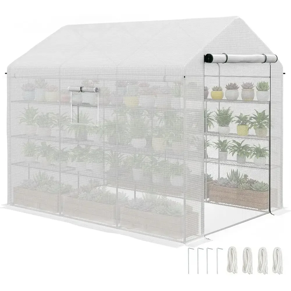 6ft x 8ft Walk-in Greenhouse with PE Cover, 4-Tier Shelves, Roll-Up Door for Growing Vegetables, Saplings, and Tropical Plants