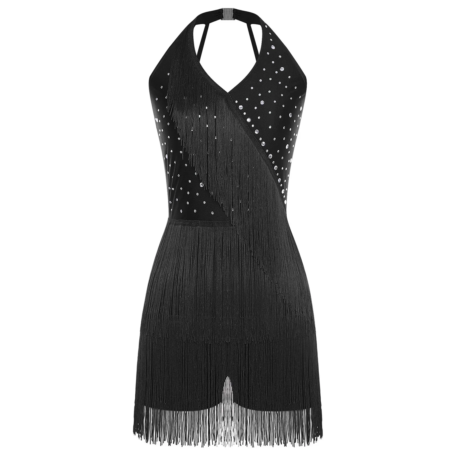 Strass salão de baile jazz tango salsa traje feminino sem mangas tiras layere franja lantejoulas macacão tango rumba vestidos