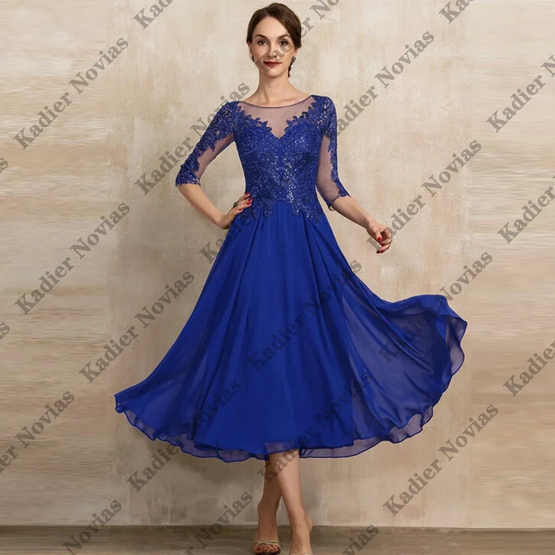 

Blue Tea Length Mother of the Bride Dresses with Half Sleeves vestido invitada boda 2025 Customized Wedding Party Dresses
