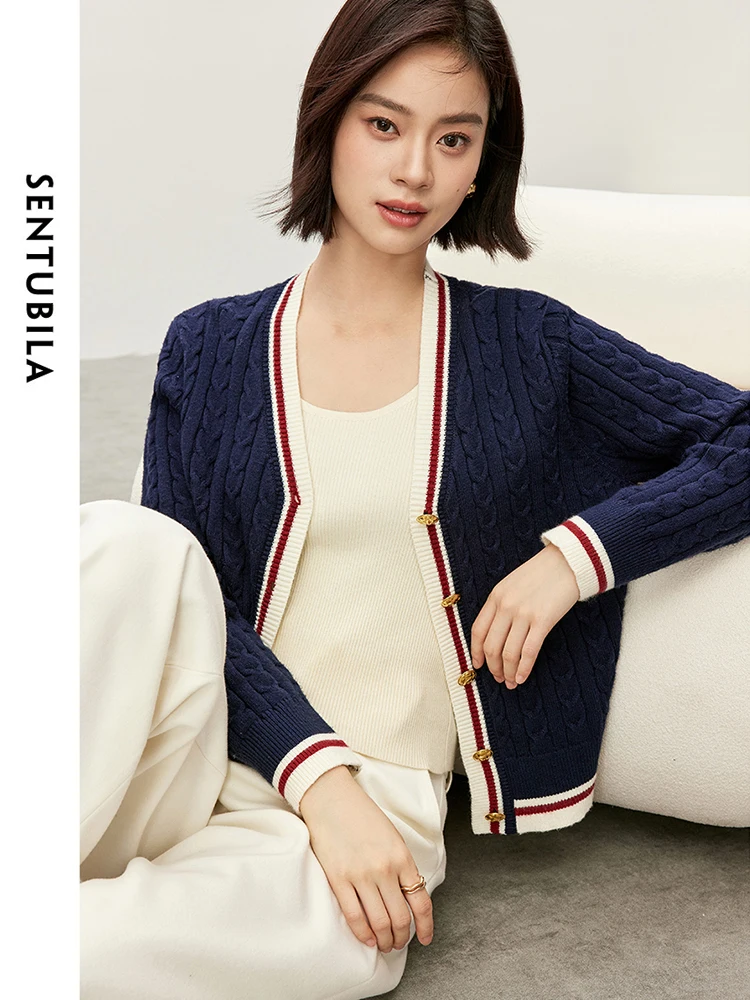 SENTUBILA Patchwork V Neck Cardigan dla kobiet 2024 Jesień Casual Loose Metal Single Breasted Top Odzież damska W43E56954