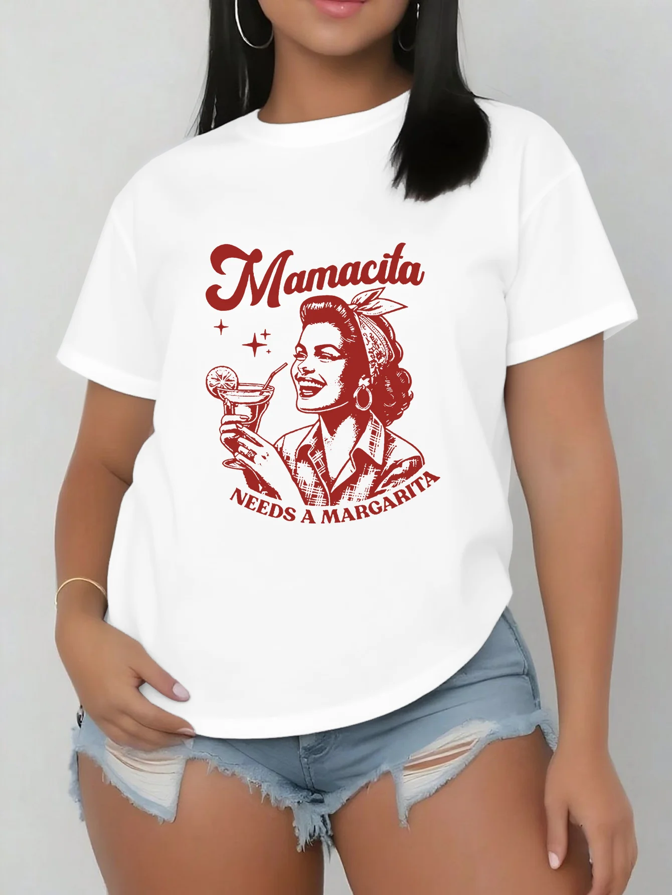 

Женская белая футболка с коротким рукавом больших размеров, графический принт в стиле ретро «Mamacita Needs A Margarita», забавный и повседневный летний топ