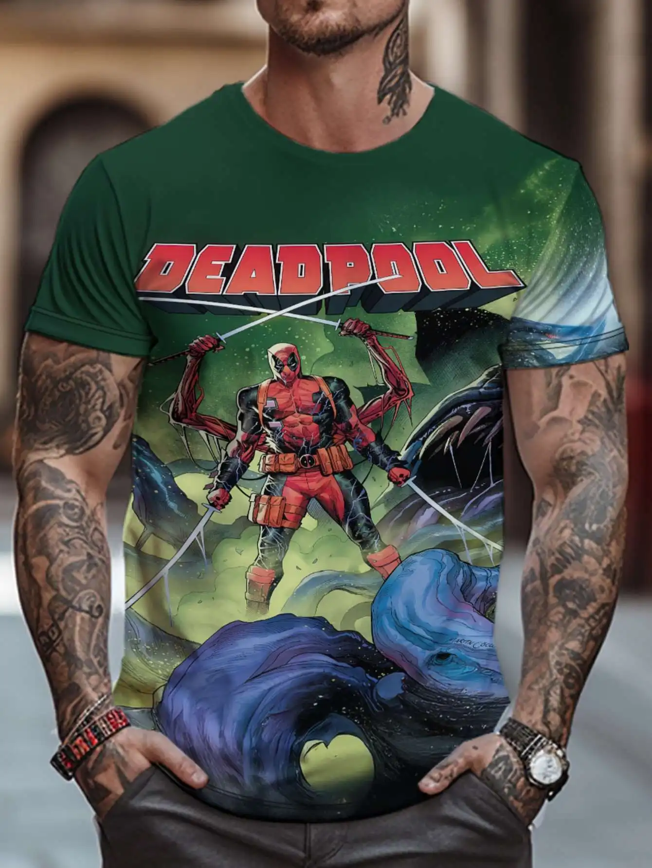 

Deadpool Multi-Arm Dual-Sword Interstellar Battle в стиле комиксов с 3D принтом High Street Sports Повседневная футболка
