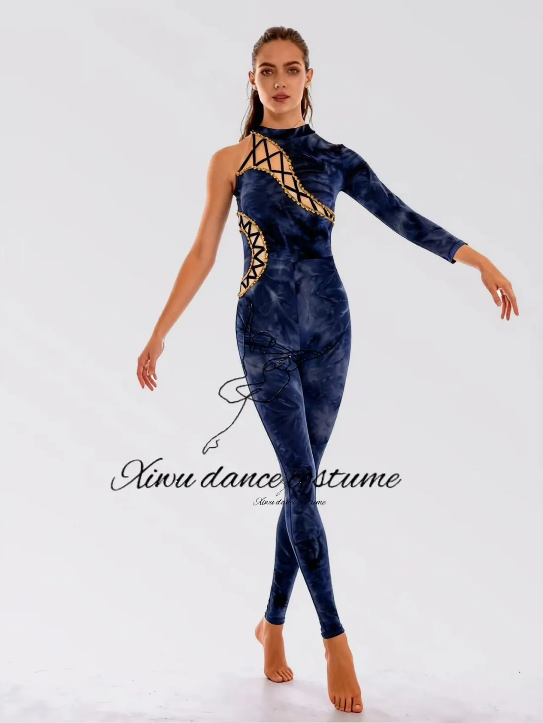 asymmetrical-navy-blue-contortionist-costume-with-gold-geometric-cutout-single-sleeve