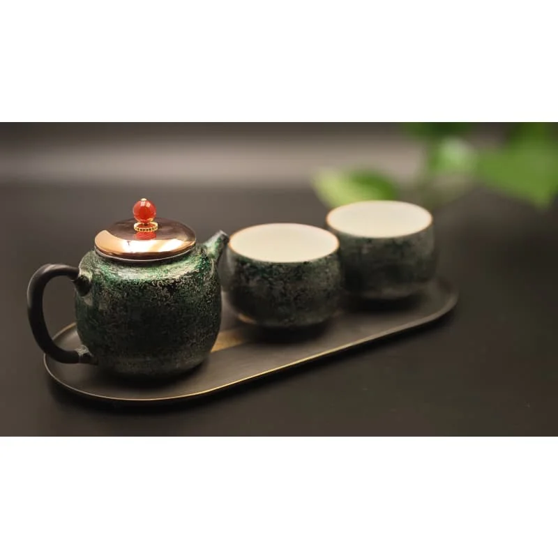Black gold pattern handmade  teapot retro copper bronze veneer  pot red agate top bead decorative  pot