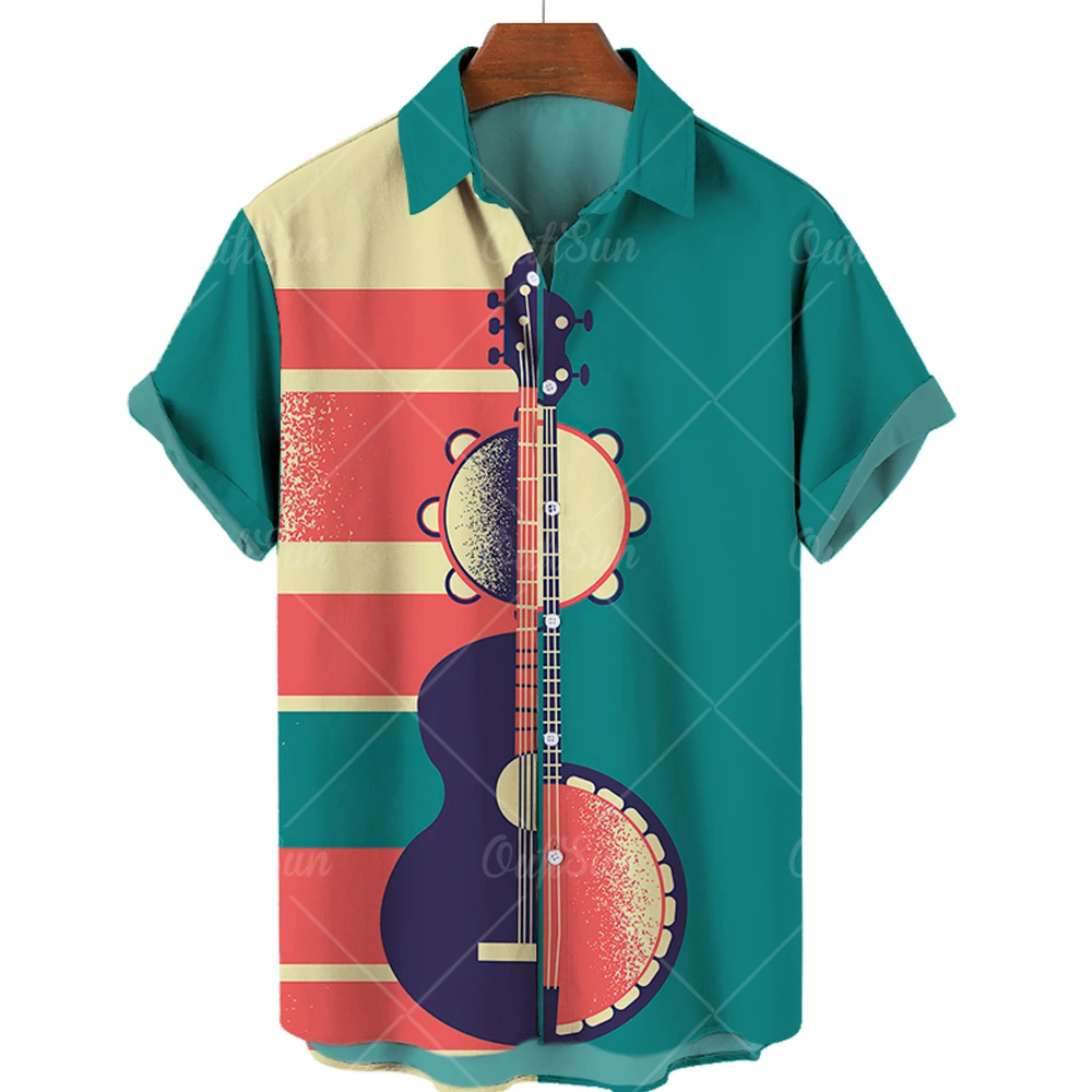 Summer Hawaiian Shirts For Men Music Guitar Printed Tops Clothing Fashion Casual Oversized Collar Rock And Roll Blouses