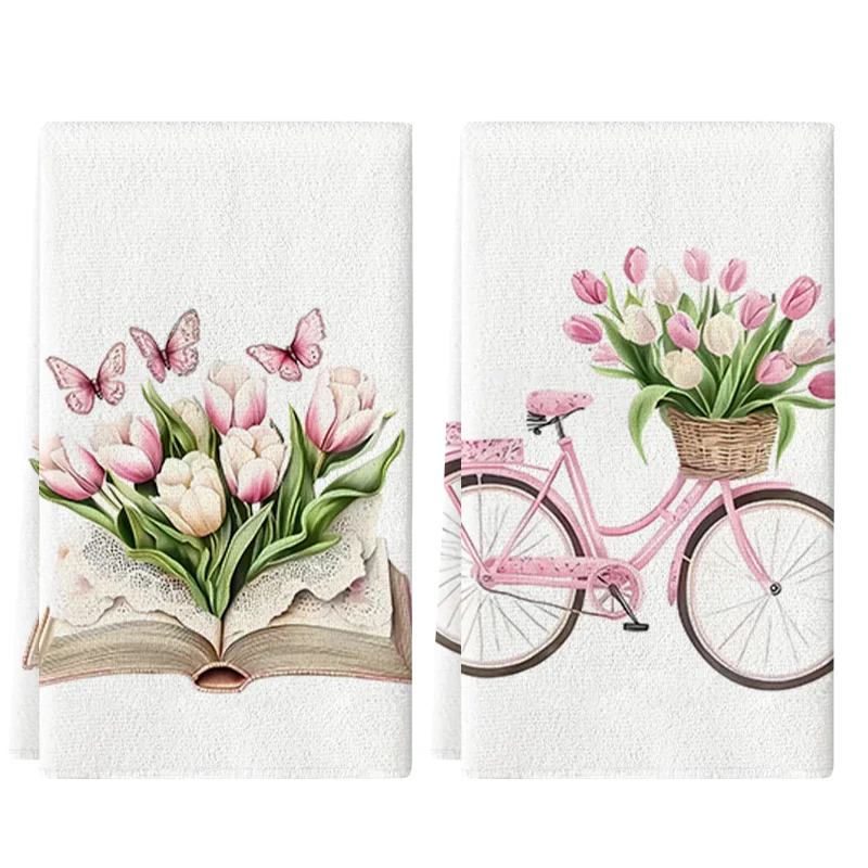 2Pcs, Pink Bicycle Tulip Bouquet Kitchen Towels, 40Cm*60Cm Towel Set, Super Absorbent Soft Cleaning Cloth, Cooking and Baking Tea Towel, Hand Towel, Cleaning Cloth, Dishwashing Cloth, Kitchen Decoration, Living Room Decorations, Kitchen Essentials, Home Essentials