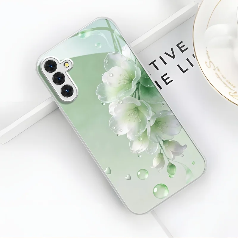 Fresh Light Green Watercolor Floral Pattern Silvery Glass Phone Case for Samsung Galaxy S26/S25/S24/S23/S22/S21 and other models
