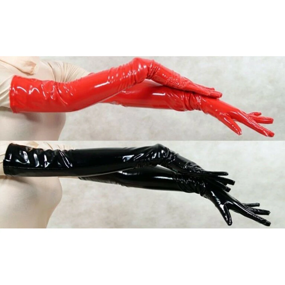 Olhar Molhado Brilhante Luvas Longas de Látex para Mulheres, Luvas Sexy BDSM, Boate Exótico, Fetiche Gótico, Roupas, M XL, Preto, Vermelho