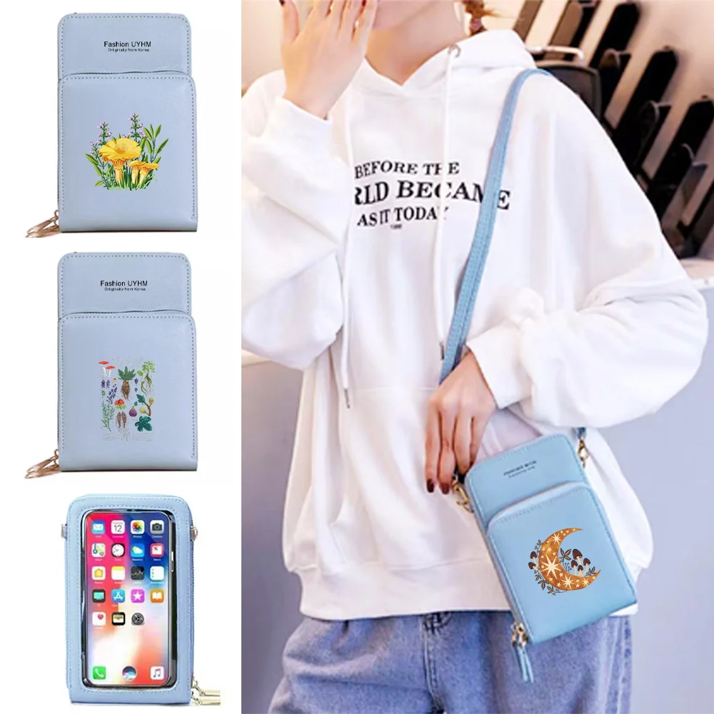 

Women Shoulder Bag Pu Leather Wallets Card Pack Waterproof Touch Screen Mobile Phone Bags Female Purse Mushroom Print Money Bag
