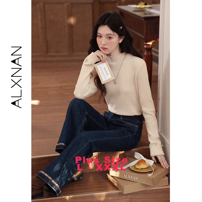 

ALXNAN Plus Size Sweater Oatmeal Turtleneck Embroidered Flower Pearl Cuffs Knit Pullover Fall Winter Warm Women's Jumpers D59017