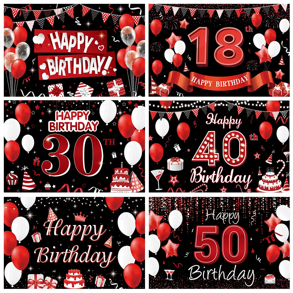 Red and Black Balloon Birthday Background 18 30 40 50th Birthday Party Decoration Banner Women and Men Photography Background