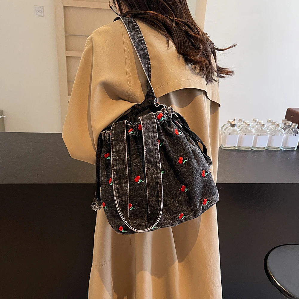 

Women Denim Shoulder Bag Embroidered Cherry Handbag Drawstring Tote Bag Jean Hobo Bag Commuting Shopping Bag