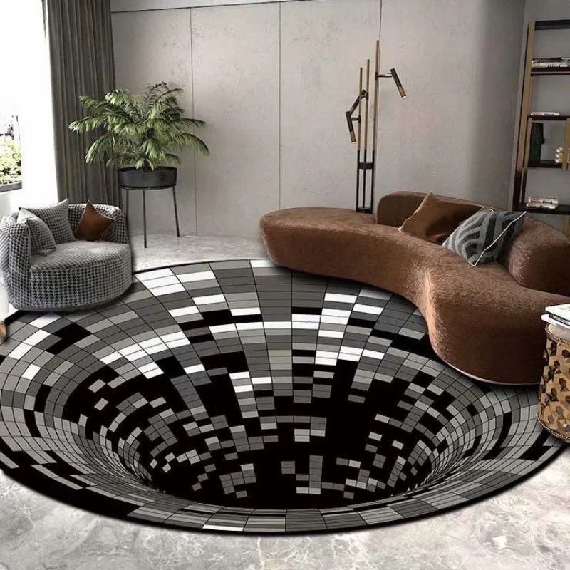 3D Vortex Illusion Round Carpets for Living Room Decoration Black White Grid Carpet Large Area Rugs Bedroom Entrance Door Mat