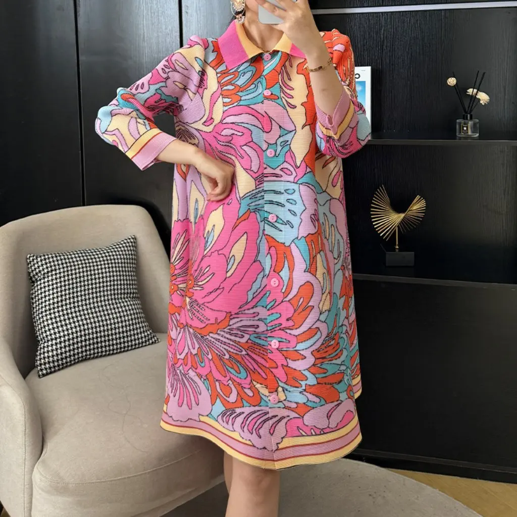 

Женская летняя плиссированная юбка с принтом, кардиган с короткими рукавами, свободный крой во французском стиле, новое платье для мамы, большие размеры