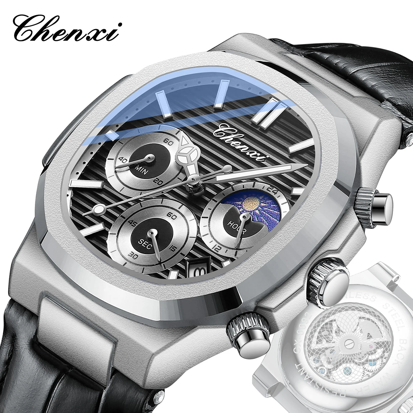 CHENXI New Fashion Men Watch Quartz Movement Wristwatch Leather Strap Skeleton Design Casual Chronograph Watches Luxury Men