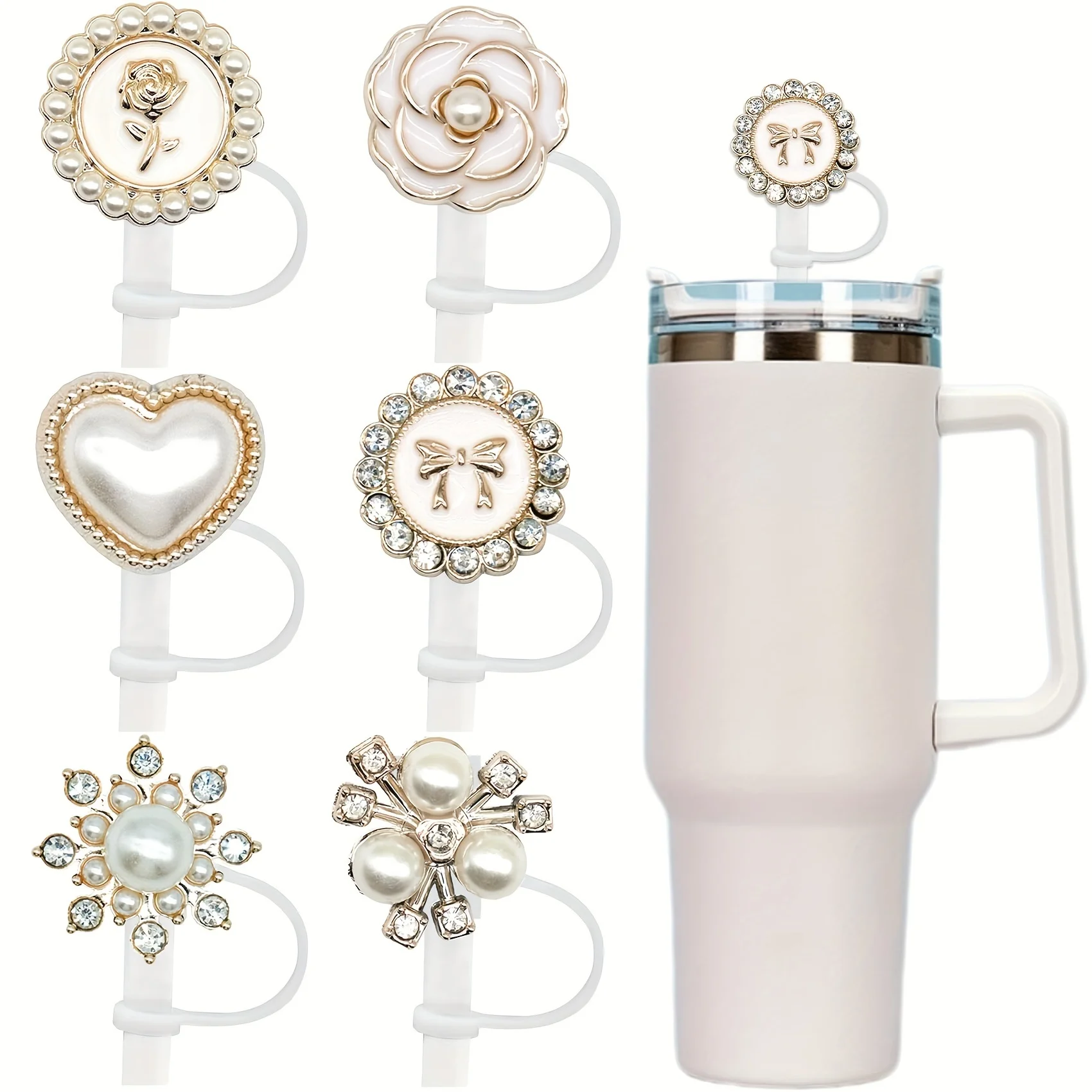 6pcs Bling Rhinestone Straw Covers, fit 1mm straws, sparkling tumbler accessories.