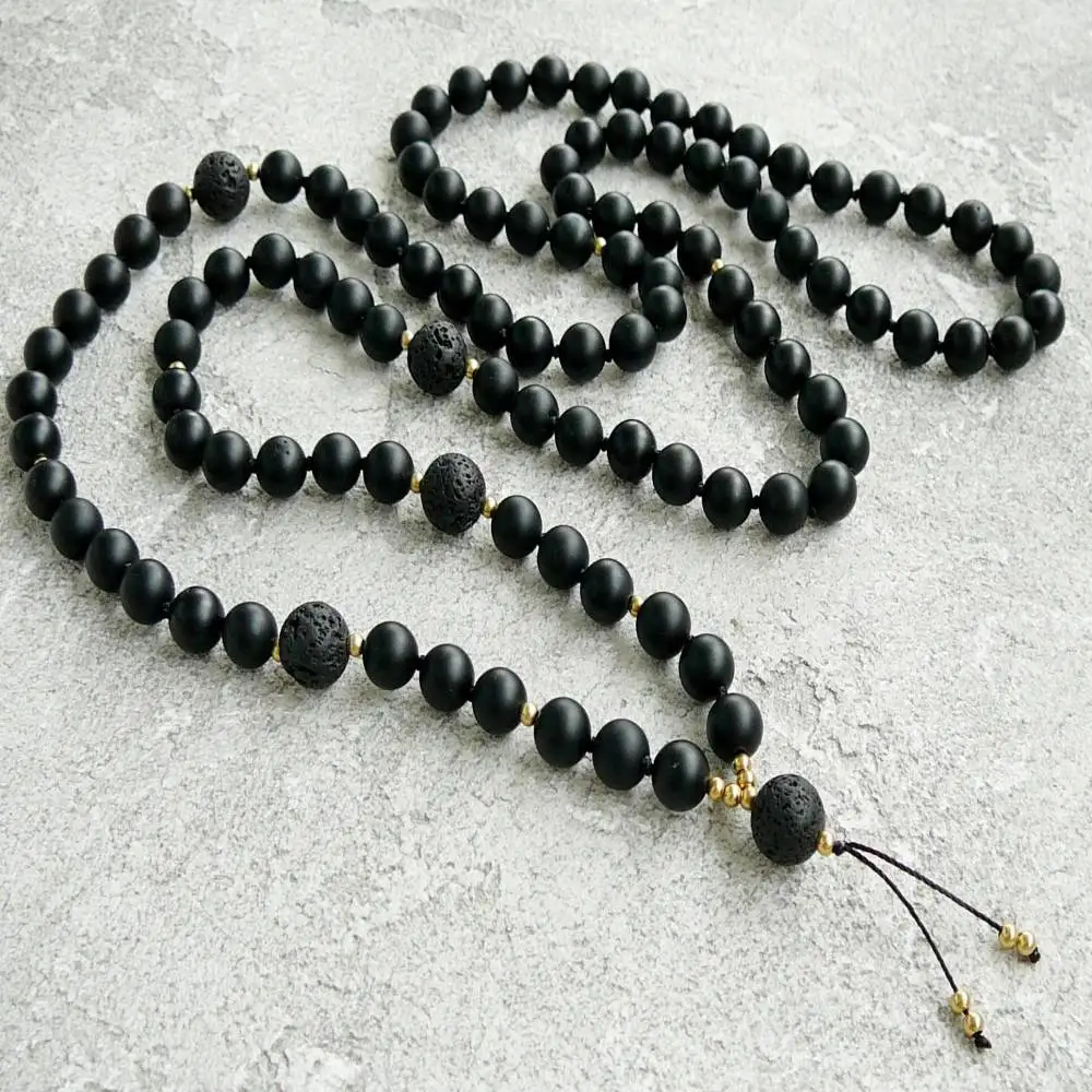 

Natural Black Obsidian & Lava Rock 108 Beads Mala Necklace with Gold Accent Aromatherapy Spiritual Jewelry