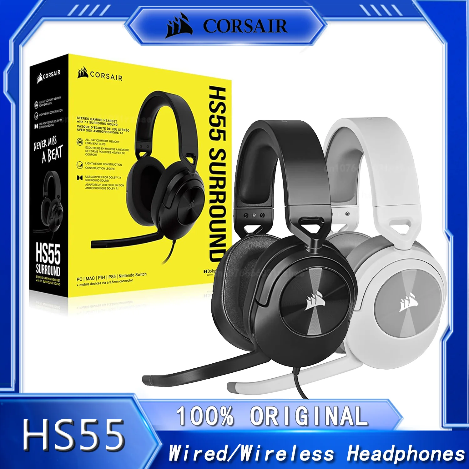 Corsair HS55 Surround Gaming wired wireless headset Dolby Audio 7.1 Surround light omnidirectional microphone on PC and Mac