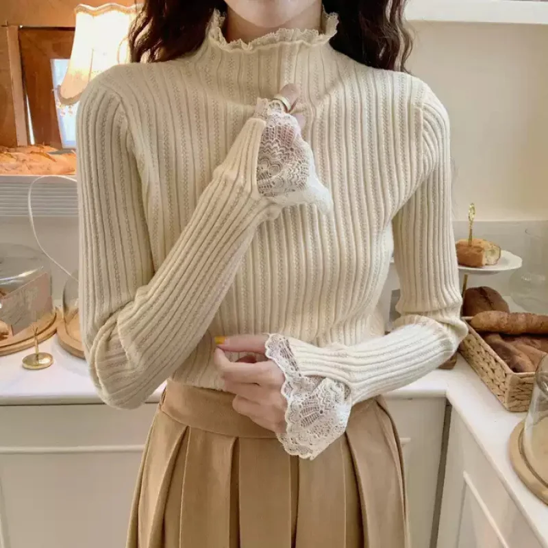 

Осенне-зимний кружевной вязаный нижний свитер для женщин, мягкий интерьер, приталенный интерьер, свитер Design Sense, новый стиль