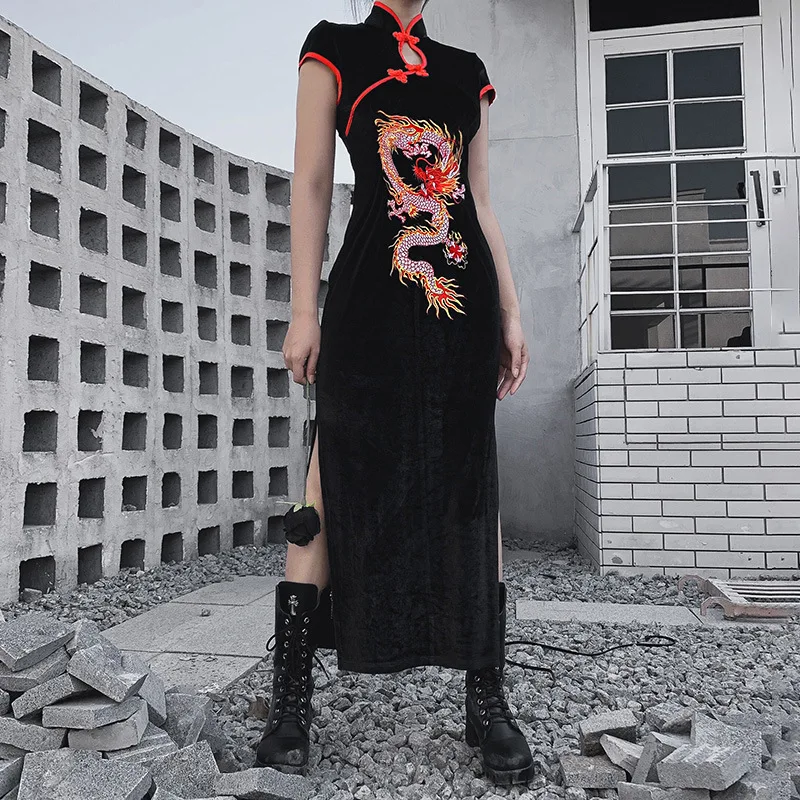 Chinese Stand Collar Gothic Dress Emboridery Dragon Qipao Black/Red Vintage Evening Party  Long Robe Cheongsam Black Sexy