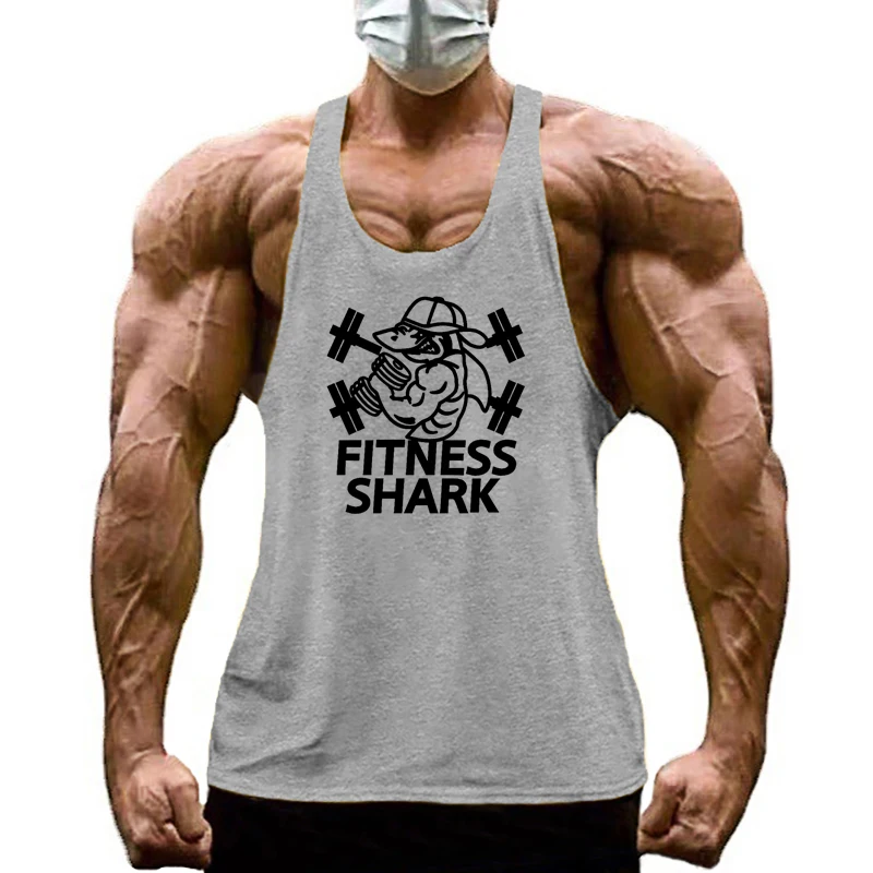 FITNESS SHARK Brand Mens Y Back Gym Clothing Summer Cotton Bodybuilding Stringer Tank Tops Workout Sleeveless Singlets Vest