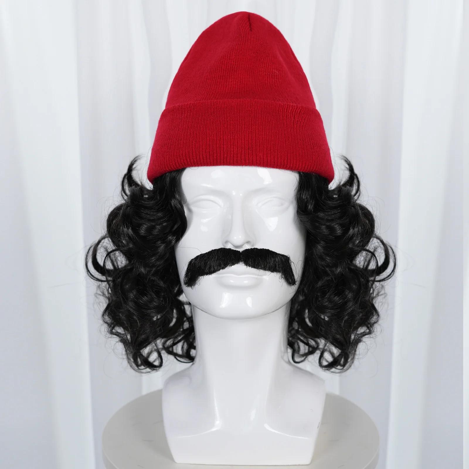 Synthetic black curly hair role play wig, paired with a red knitted hat and simulated beard, for Christmas theme parties