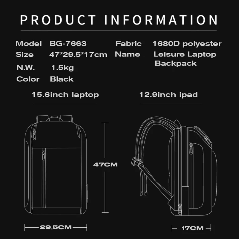 بانج مقاوم للماء رجل على ظهره متعدد الوظائف يناسب 15.6 بوصة حقيبة لابتوب جيوب متعددة الطبقات حقيبة المدرسة مع إعادة شحن USB